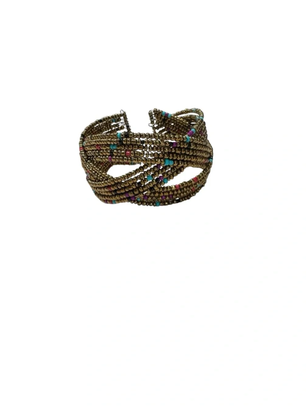 Multi-Strand Gold Beaded Turquoise & Fuchsia Accents Cuff Bracelet 1.5" Wide - Picture 3 of 5